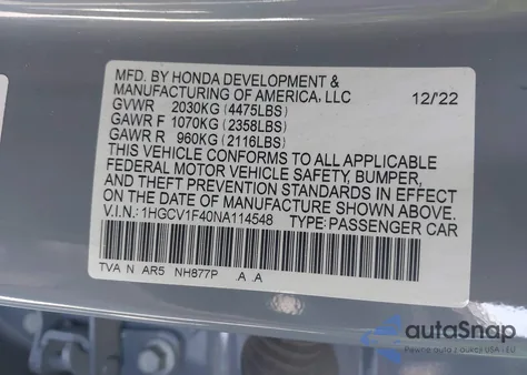 2022 Honda Accord Sport Special Edition z USA, uszkodzony, nr VIN 1HGCV1F40NA114548